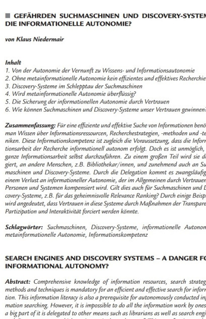 Niedermair, Klaus: Gefährden Suchmaschinen und Discovery-Systeme die informationelle Autonomie?