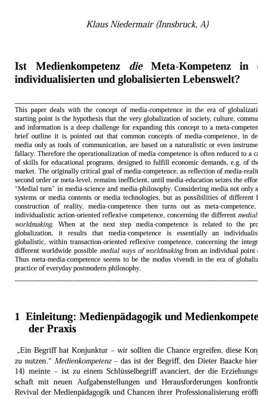 Niedermair, Klaus: Ist Medienkompetenz die Meta-Kompetenz in einer individualisierten und globalisierten Lebenswelt?